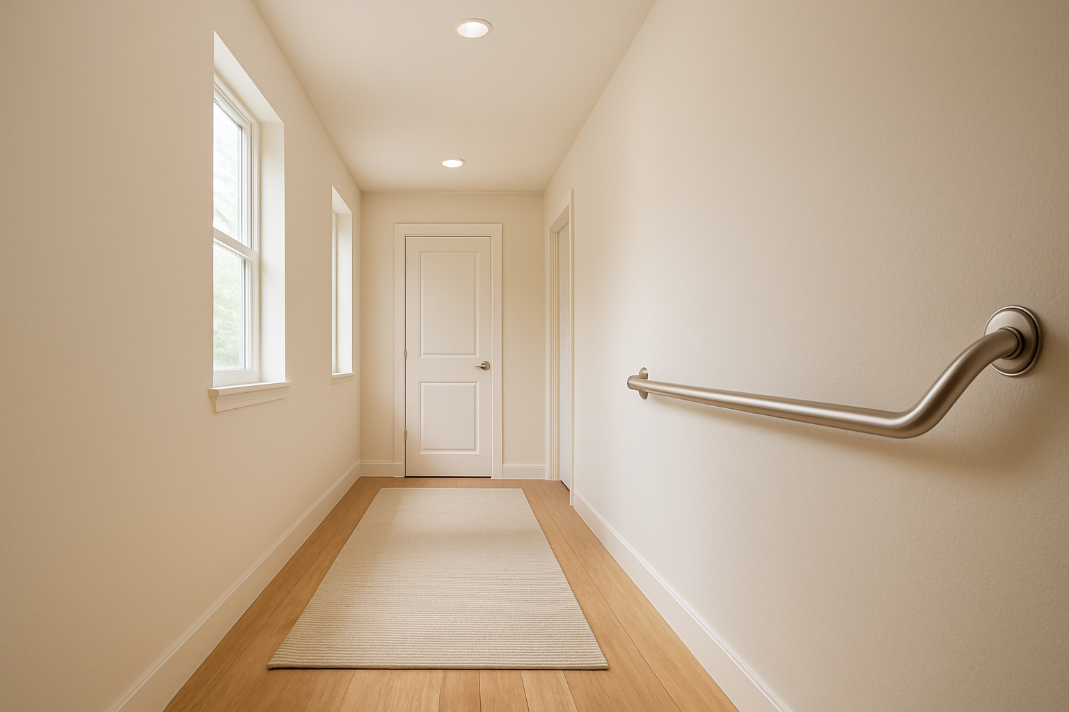 Bright hallway with a handrail and door at the end.