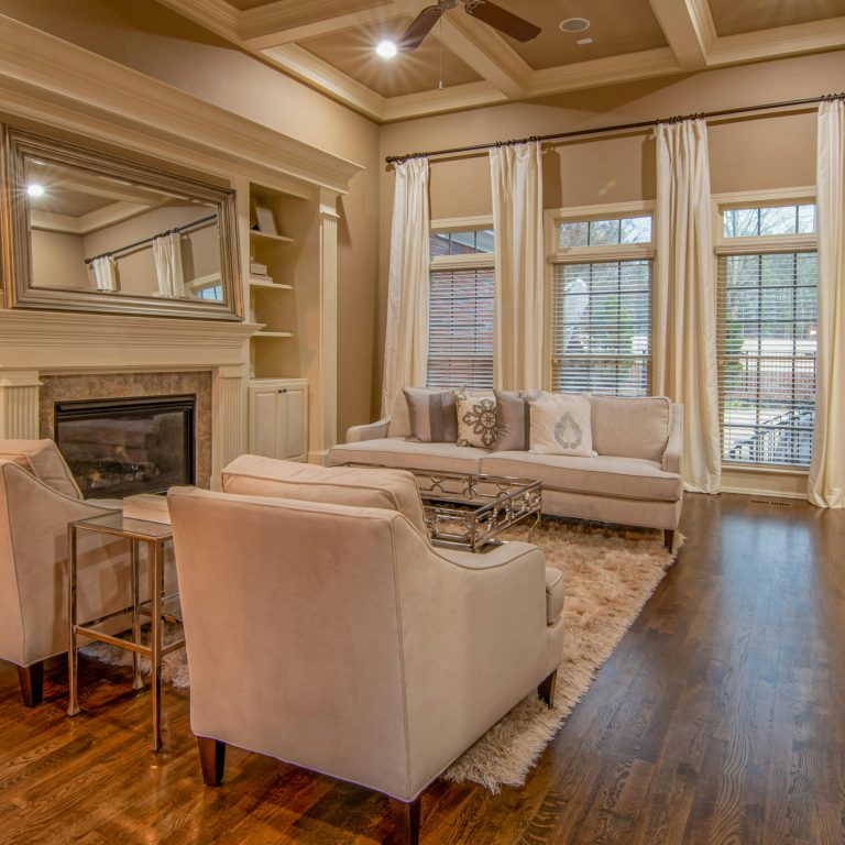 Elegant living room with fireplace.