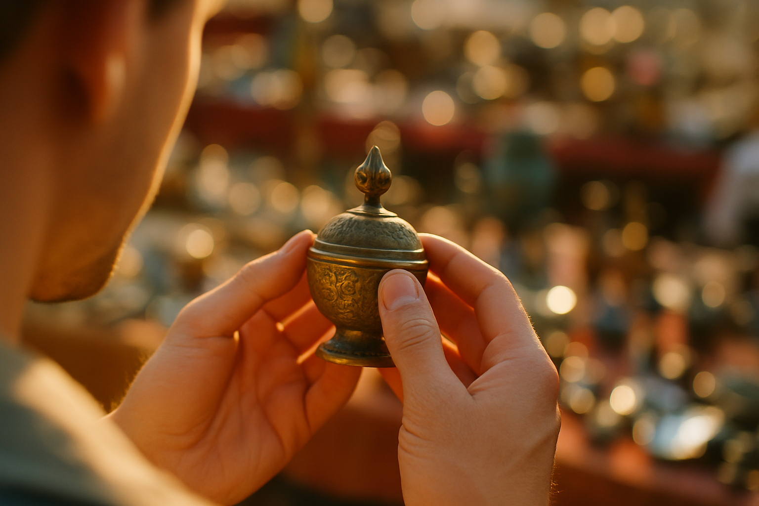 Man examining a small ornate brass container at an antique market