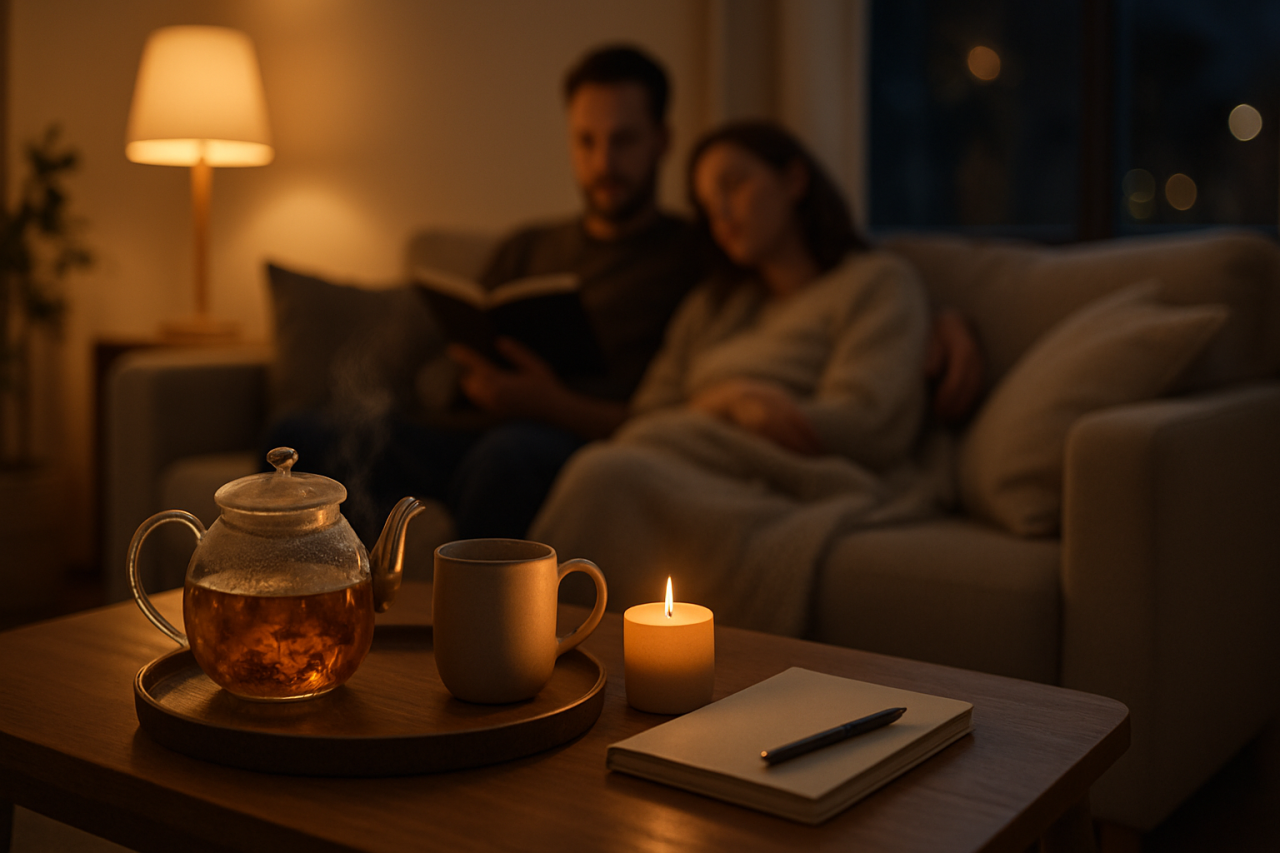Warm evening scene with a couple reading and cosy tea setup.
