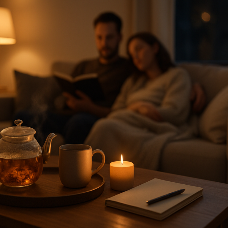 Warm evening scene with a couple reading and cosy tea setup.