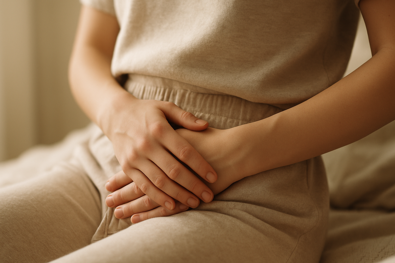 Woman resting hands on lower abdomen, indicating discomfort or cramping.