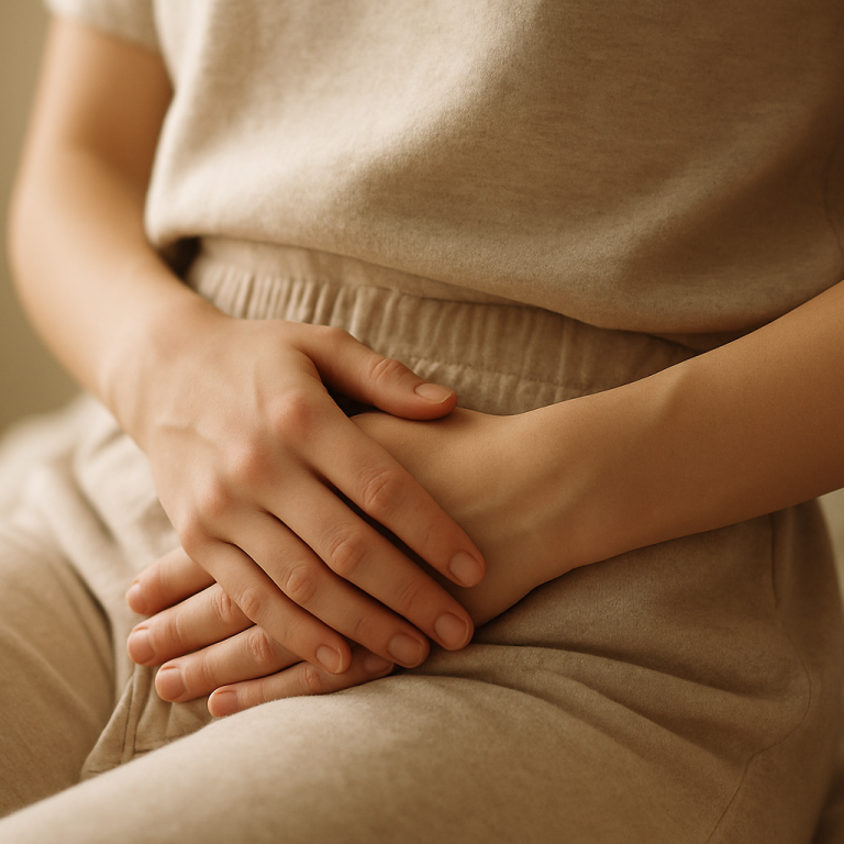 Woman resting hands on lower abdomen, indicating discomfort or cramping.